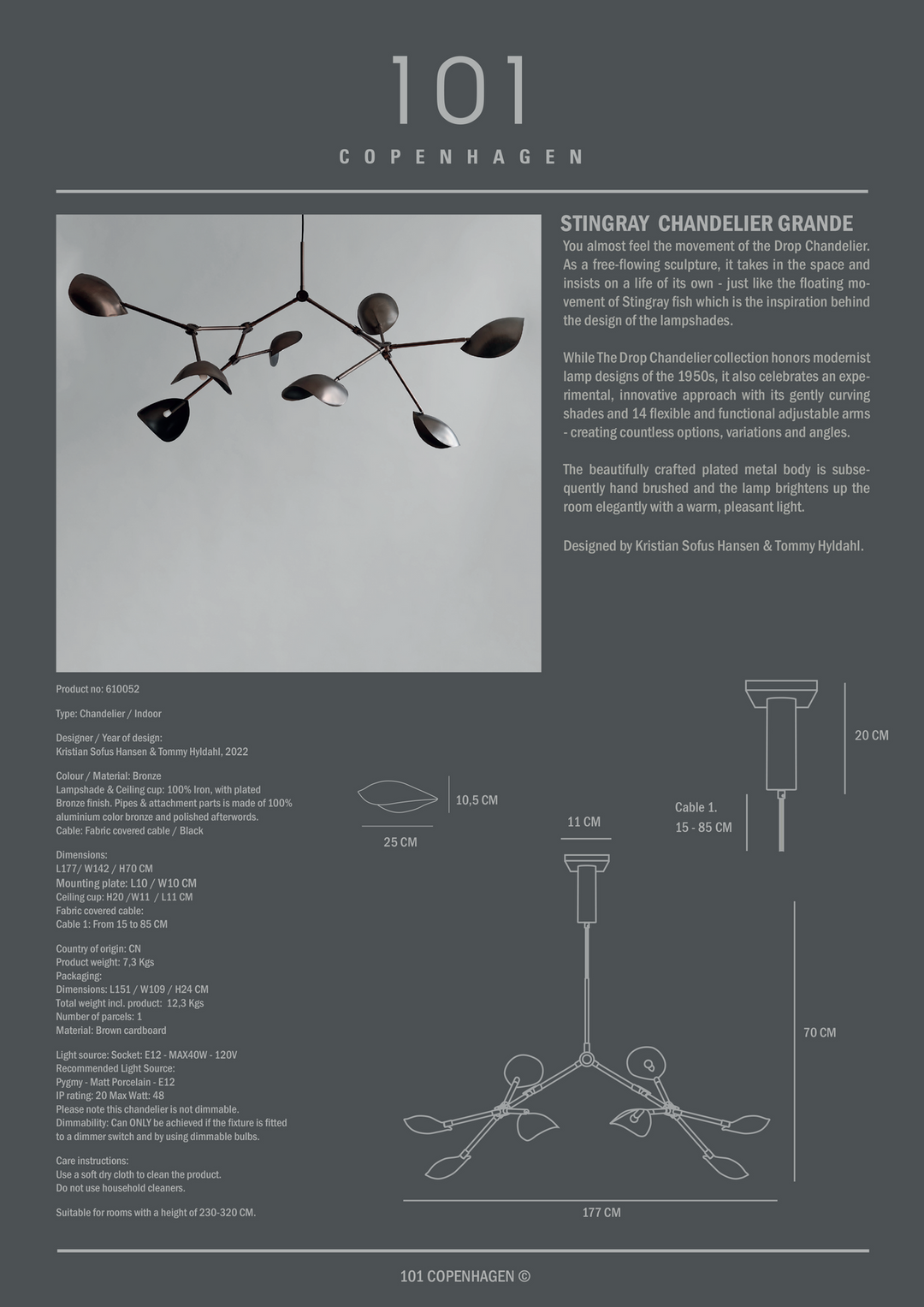 Stingray Chandelier, Grande - Bronze