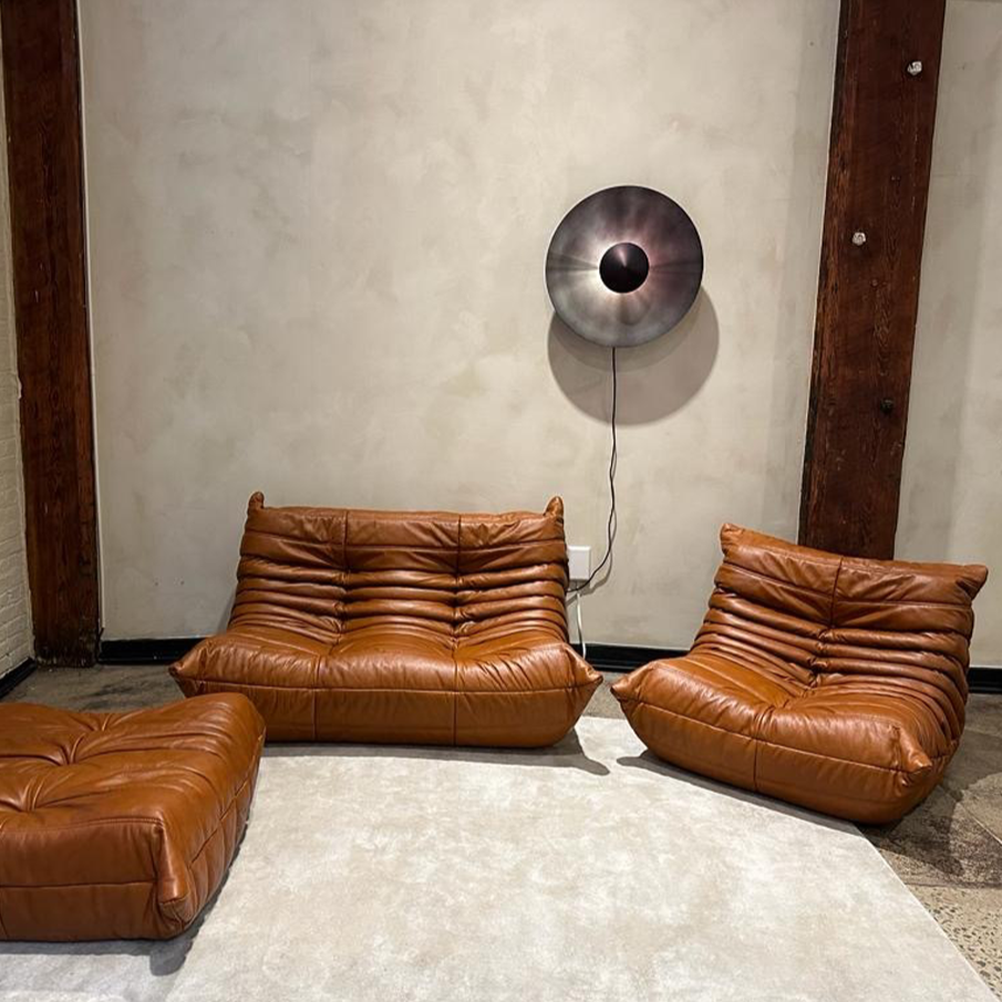 Pine Leather Togo Lounge Chair, Pouf and 3-Seat Sofa by Michel